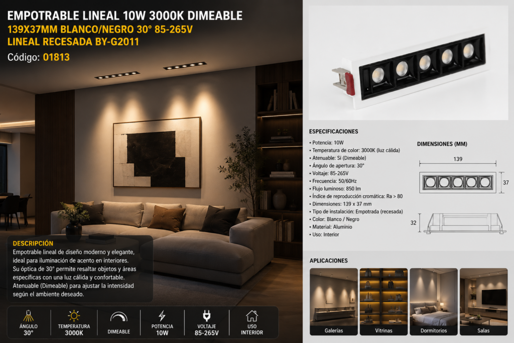Empotrable Lineal DOTS 10W 3000K Dimeable 139X37mm Blanco/Negro 30° 85-265V Lineal Recesada BY-G2011