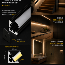 Perfil V Negro19 mm x 3 Metros con Difusor 45º BL-V011
