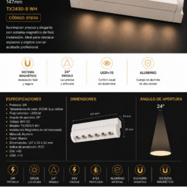 Lampara Magnética de Riel 5W 3000K 147mm 24° 48 V 115*33*52 mm Recesada TX2430-5 WH Magnético