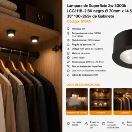 Lámpara de Superficie 2w 3000k LCG111B-2 BK negro Ø 70mm x 14.5mm 35° 100-265v de Gabinete