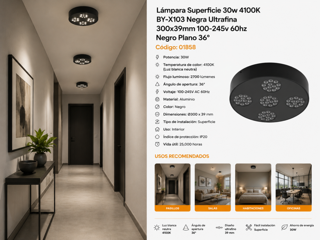 Lámpara Superficie 30w 4100K DOTS BY-X103 Negra Ultrafina 300x39mm 100-245v 60hz Negro Plano 36º