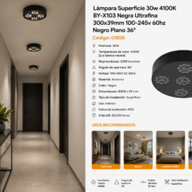 Lámpara Superficie 30w 4100K DOTS BY-X103 Negra Ultrafina 300x39mm 100-245v 60hz Negro Plano 36º