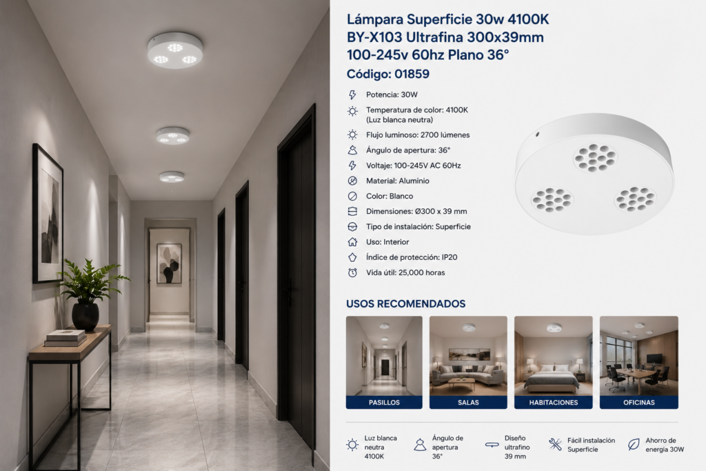 Lámpara Superficie 30w 4100K DOTS BY-X103 Negra Ultrafina 300x39mm 100-245v 60hz Negro Plano 36º