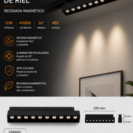 Lampara Magnética de Riel 12w 4100K 220mm 36° 48 V Recesada Magnético