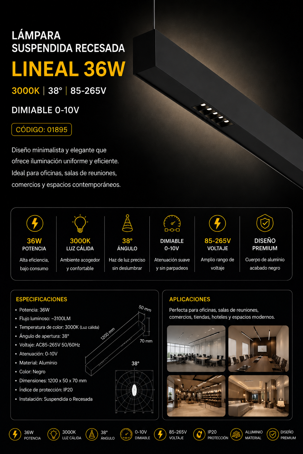 Lampara Suspendida Recesada 36W 3000K Lineal Dimeable Negro 0-10v 38° 85-265V 1200X50x70