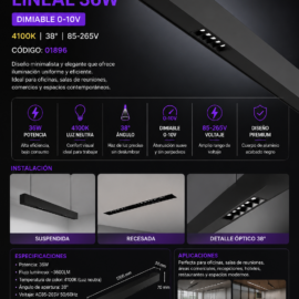 Lampara Suspendida Recesada 36W 4100K Lineal Dimiable Negro 0-10v 38° 85-265V 1200X50x70