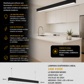 Lampara Suspendida 24w 4100k LZ-BGD1200 negro lineal 120° 85-265V 1200X95x40