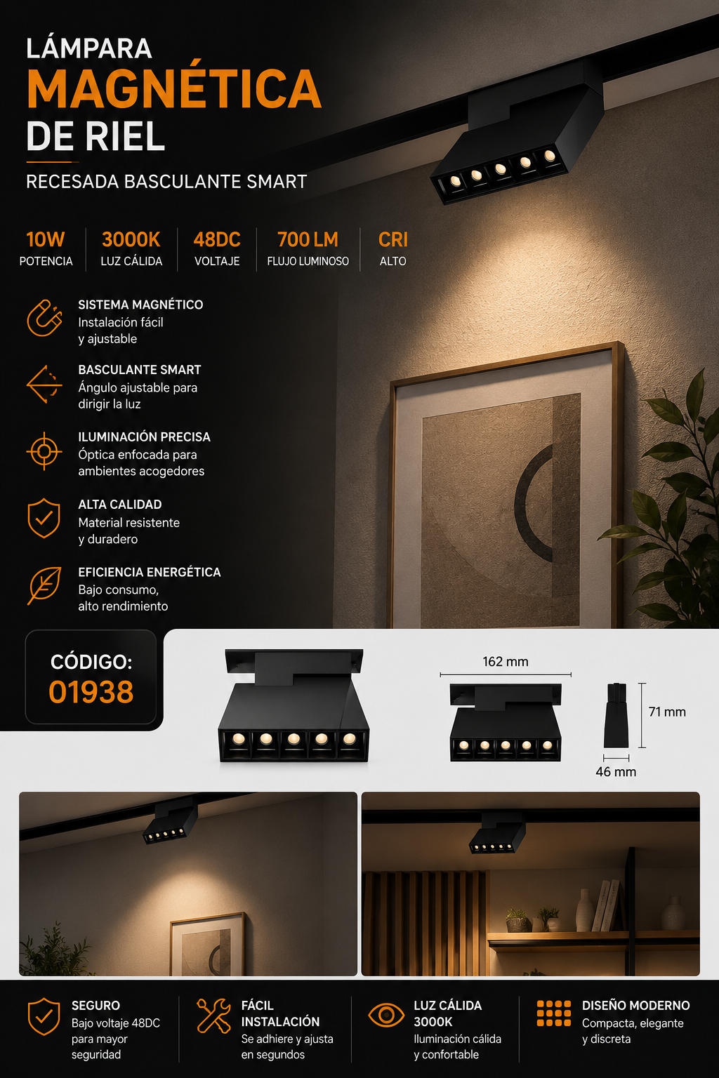 Lampara Magnética de Riel 10W 3000K 1620 mm 48DC Recesada Basculante SMART Magnético 700 LM CR