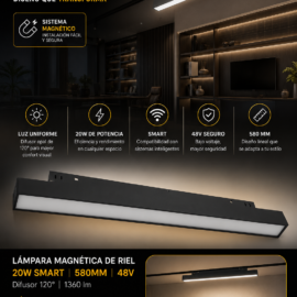 Lampara Magnética de Riel 20W SMART 580mm TX1250Z-20 120º 48 v 1360 lm Difusor 120º BK