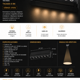 Lampara Magnética de Riel 5W 3000K 147mm 24° 48 V 115*33*52 mm Recesada TX2430-5 BK Magnético