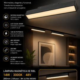 Lampara Magnética Riel 14W 3000K TX2240S-14 260mm 48v Difusor BK ULTRA NEGRO