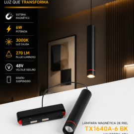 Lampara Magnética Riel 6w 3000k Suspendido TX1640A-6 BK Magnética 270 lm 48V Negra Premium