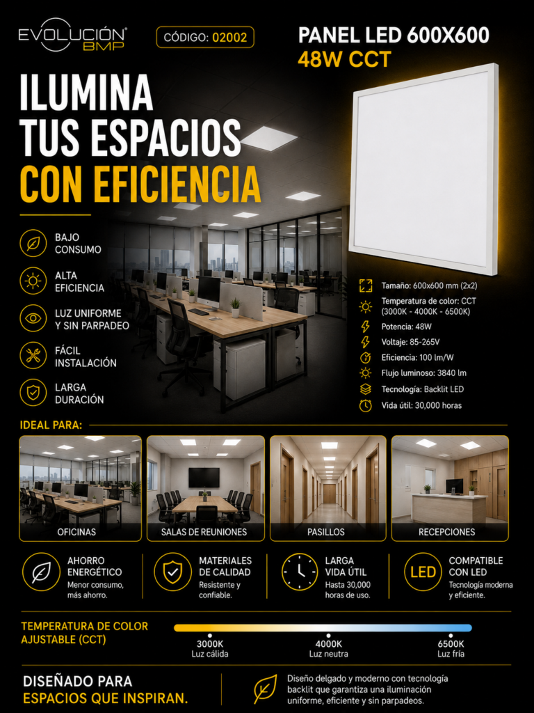 Panel 600X600 CCT 48w B29762 85-265V 100/lm/w 3840 L/M Backlit Blanco Roomlux