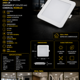 Panel Empotrable 24W 4000K Cuadrado # 8" B29782 2400LM Comercial ROOMLUX