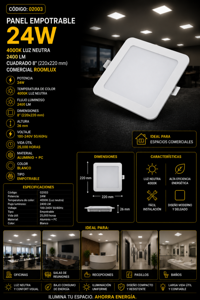 Panel Empotrable 24W 4000K Cuadrado # 8″ B29782 2400LM Comercial ROOMLUX