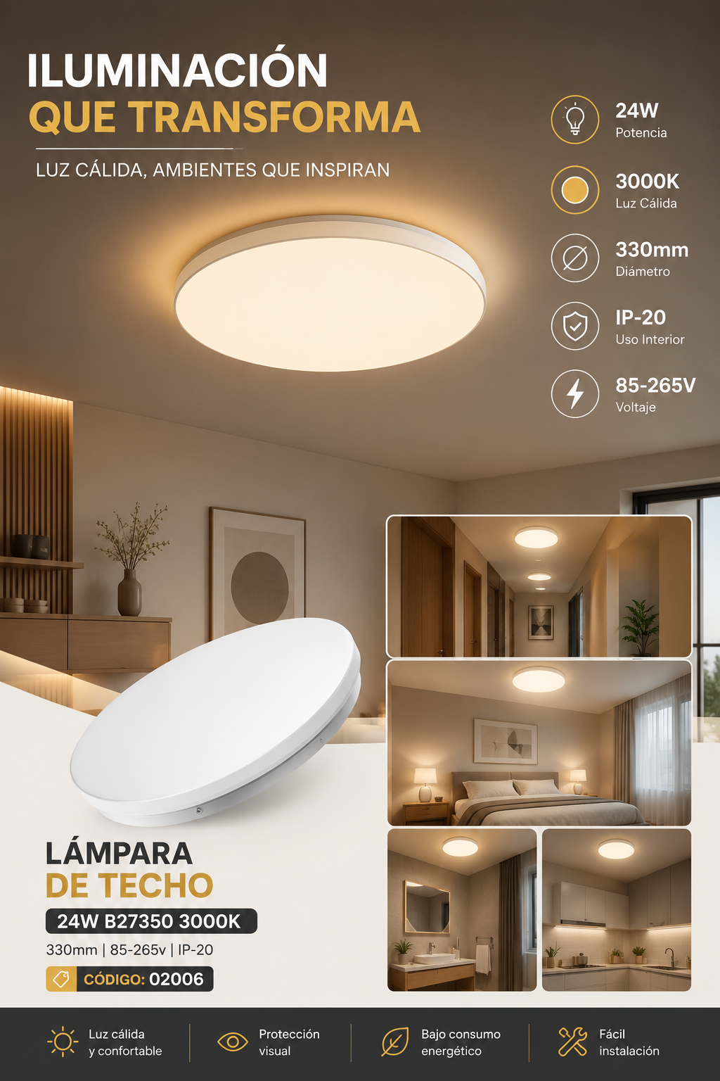 Lámpara de Techo 24w B27350 3000K 330mm 85-265v IP-20 ROOMLUX