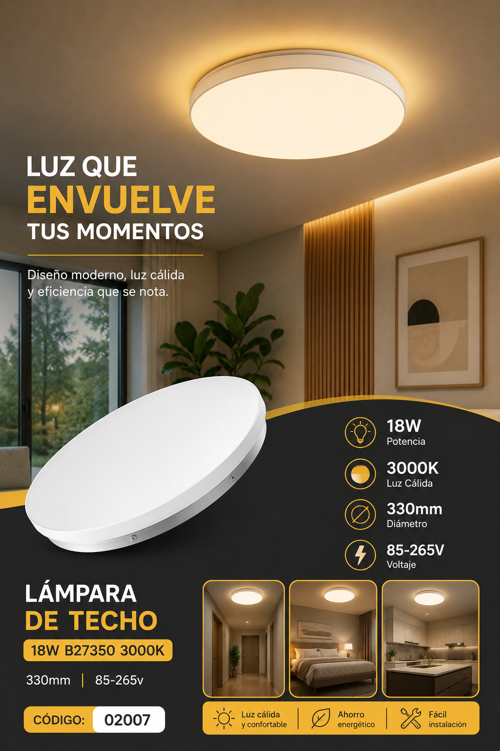 Lámpara de Techo 18W 3000k B27350 330mm 85-265v