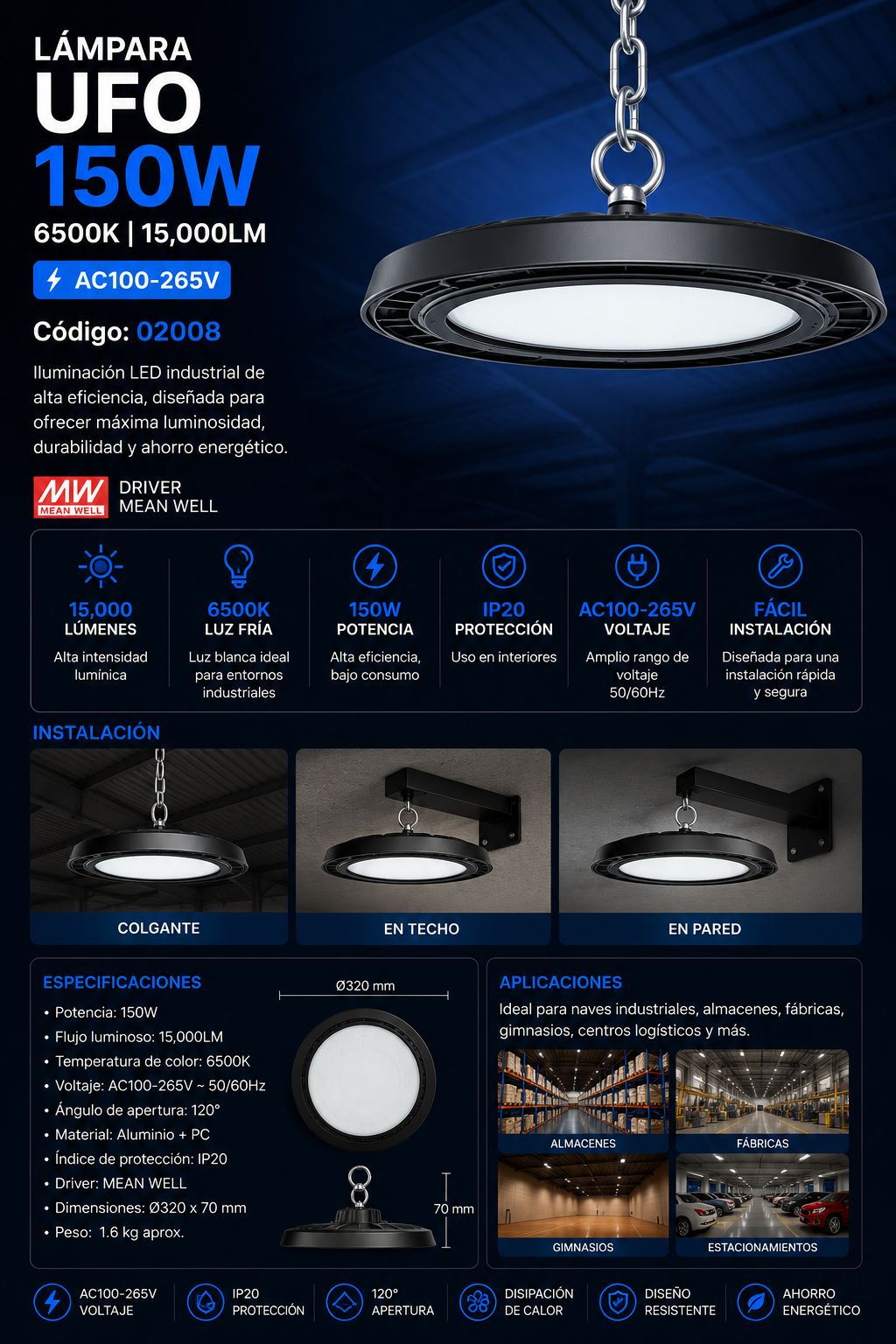 Lampara UFO 150W 6500K B60716 AC100-265V. MEAN WELL 15,000LM IP20