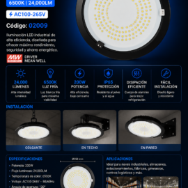 Lampara UFO 200W 6500K B60716 AC100-265V 24,000LM IP65 MEAN WELL DRIVER