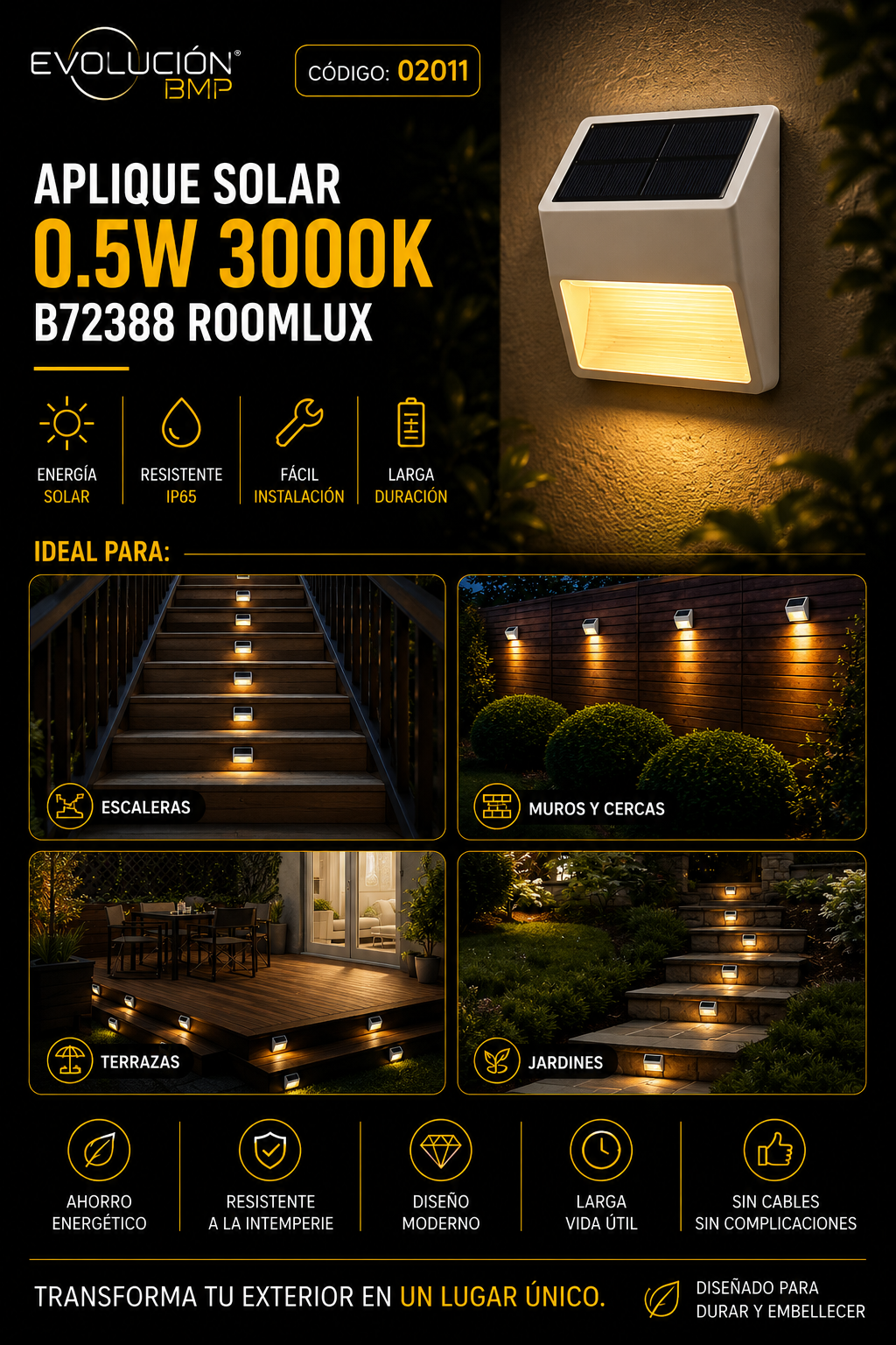 Aplique Solar 0.5W 3000K B72388 ROOMLUX
