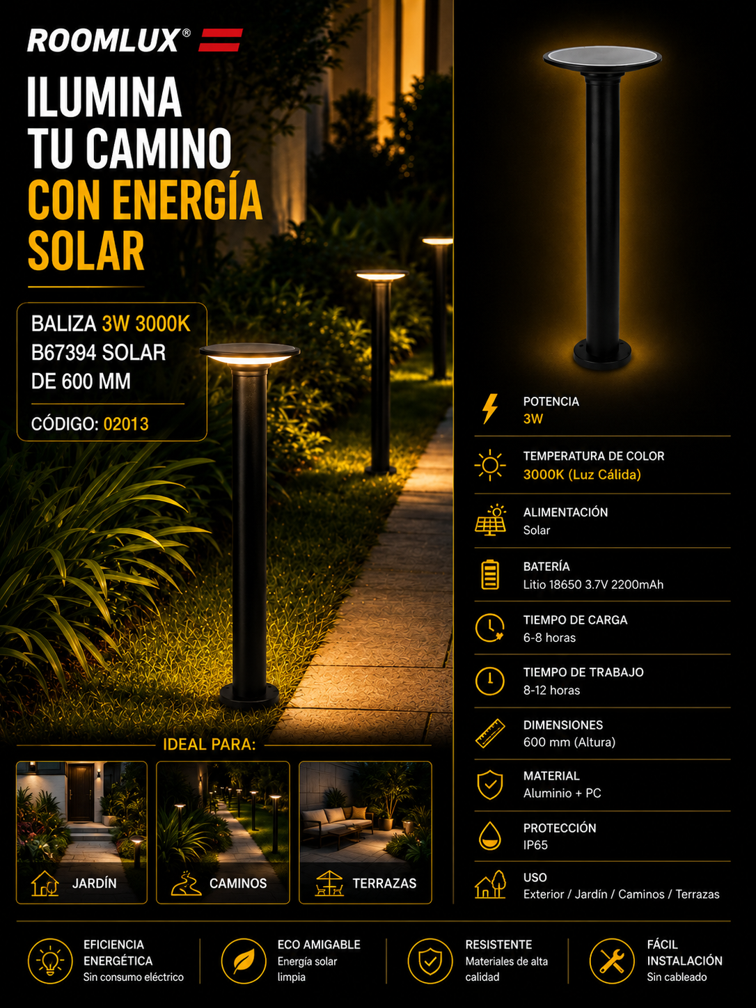 Baliza 3W 3000K B67394 Solar de 600 MM ROOMLUX