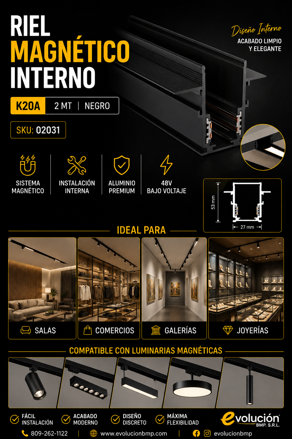 Riel Magnético Interno K20A 2 MT Negro