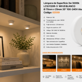 Lámpara de Superficie 3w 3000k LCS3120R-3 WH Ø Blanco Ø 70mm x 25mm 35° 100-240V Aluminio