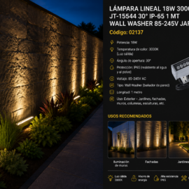 Lampara Lineal 18w 3000K JT-15544 30º IP -65 1 MT WALL WASHER 85-245V Jardín
