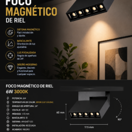 Foco Magnético de Riel LED 6W 3000K Recesado Basculante 24° 48V DC