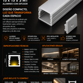 Perfil U Gris 15 x 15 x 3 MT Aluminio con Difusor