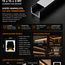 Perfil U Negro 15 x 15 x 3 MT Aluminio con Difusor