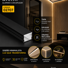 Perfil T Negro 24 x 12 x 3 MT Aluminio con Difusor