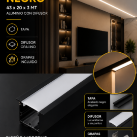 Perfil T Negro 43 x 20 x 3 MT Aluminio con Difusor