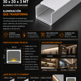 Perfil U Gris 30 x 20 x 3 MT Aluminio con Difusor