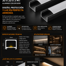 Perfil U Negro 30 x 20 x 3 MT Aluminio con Difusor