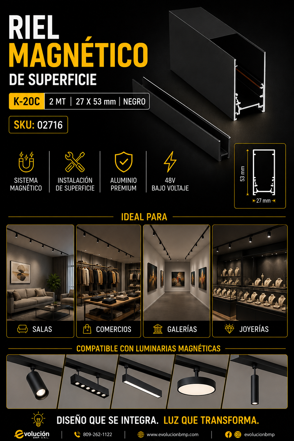 Riel Magnético de Superficie K-20C 2 MT X 27 X 53 K-20C Negro