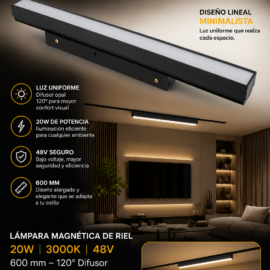 Lampara Magnética de Riel 20W 3000k 600 mm BY-ZX5012 120º 48 v Difusor 120 º