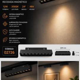 Lampara Magnética de Riel 12W 3000K 220mm 24° 48v Recesada Magnético