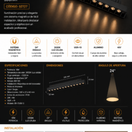 Lampara Magnética de Riel 18W 3000K 330mm 24° 48 v Recesada BY-ZX5013