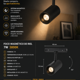 Foco Magnético Riel 7W 3000K 48*100 mm 24º DC48V Magnético LZ-GD7