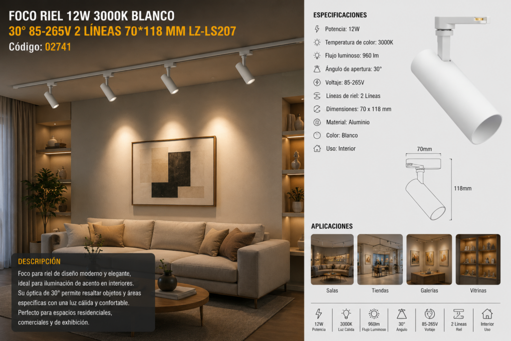 Foco Riel 12W 3000K Blanco 30° 85-265V 2 Líneas 70*118 mm LZ-LS207