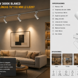 Foco Riel 12W 3000K Blanco 30° 85-265V 2 Líneas 70*118 mm LZ-LS207