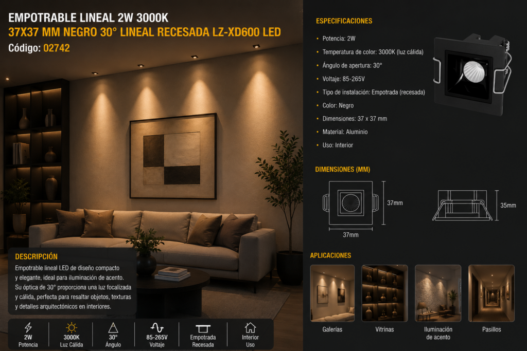 Empotrable Lineal DOTS 2W 3000K 37×37 mm Negro 30° Lineal Recesada LZ-XD600 LED