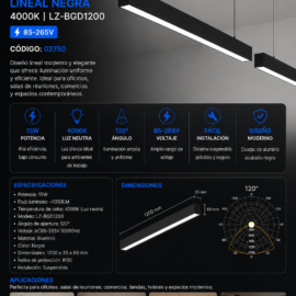 Lampara Suspendida 15w 4000k LZ-BGD1200 Lineal Negra 120° 85-265V 1200X35X60