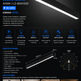 Lampara Suspendida 30w 4100k LZ-BGD1200 lineal NEGRA 120° 85-265V 1200X40X70