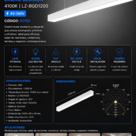 Lampara Suspendida 24w 4100k LZ-BGD1200 lineal BLANCO 120° 85-265V 1200X95x40