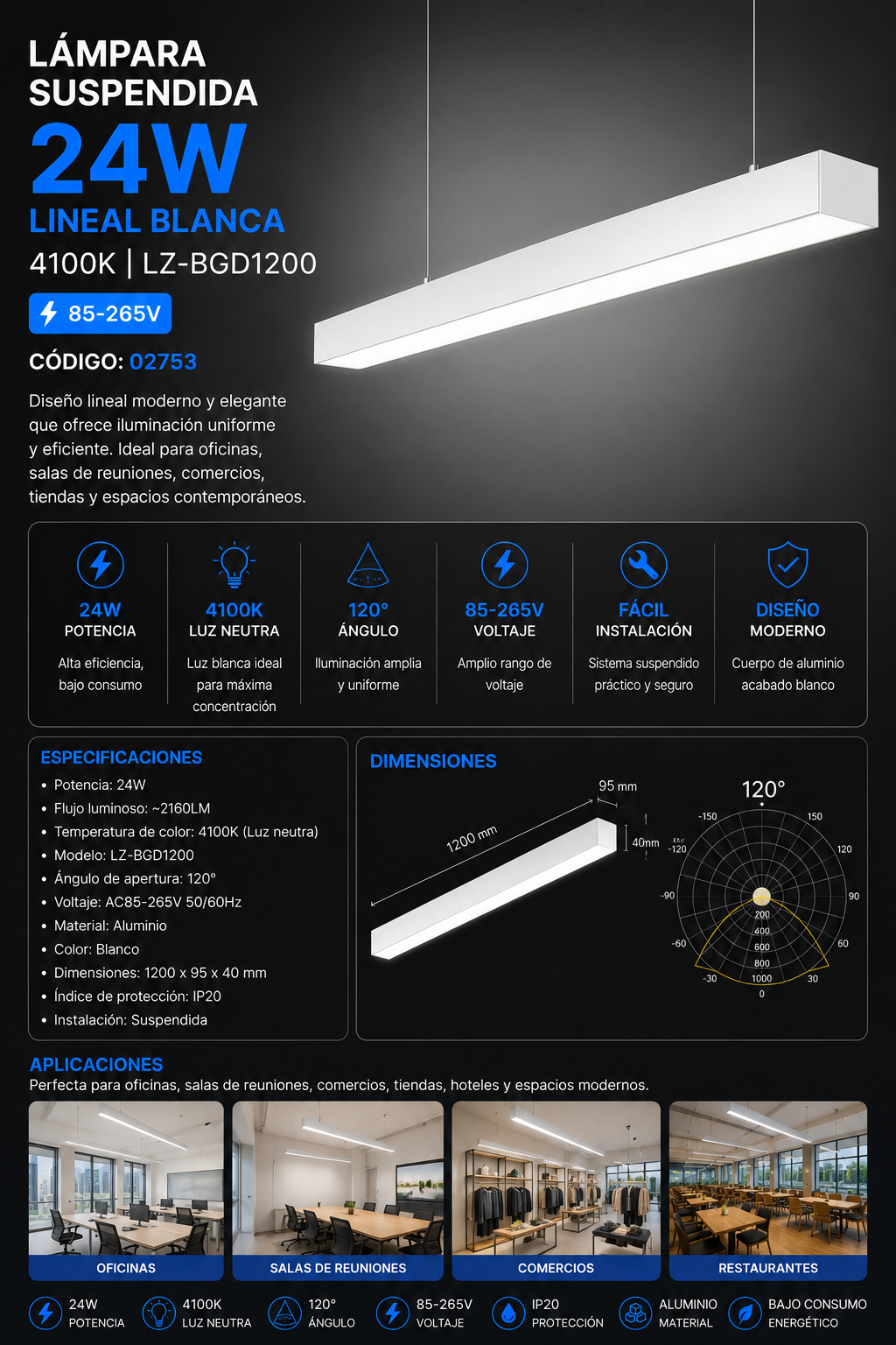 Lampara Suspendida 24w 4100k LZ-BGD1200 lineal BLANCO 120° 85-265V 1200X95x40