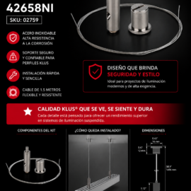Kit de Suspensión para Perfiles Inoxidable con Cablee de 1.5 MT KLUS 42658NI