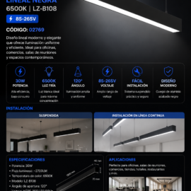Lampara Suspendida 30w 6500k LZ-B108 Lineal NEGRA 120° 85-265V 1200X40X70