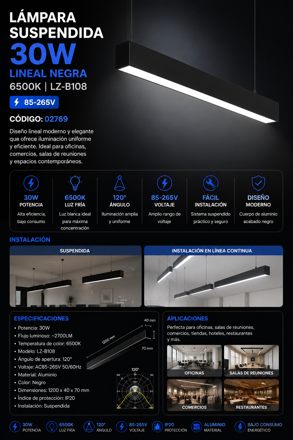 Lampara Suspendida 30w 6500k LZ-B108 Lineal NEGRA 120° 85-265V 1200X40X70
